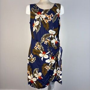 ❤️ VTG TwoPalms Hawaii Navy Floral Sarong Dress Faux Wrap Midi Boho Tropical L
